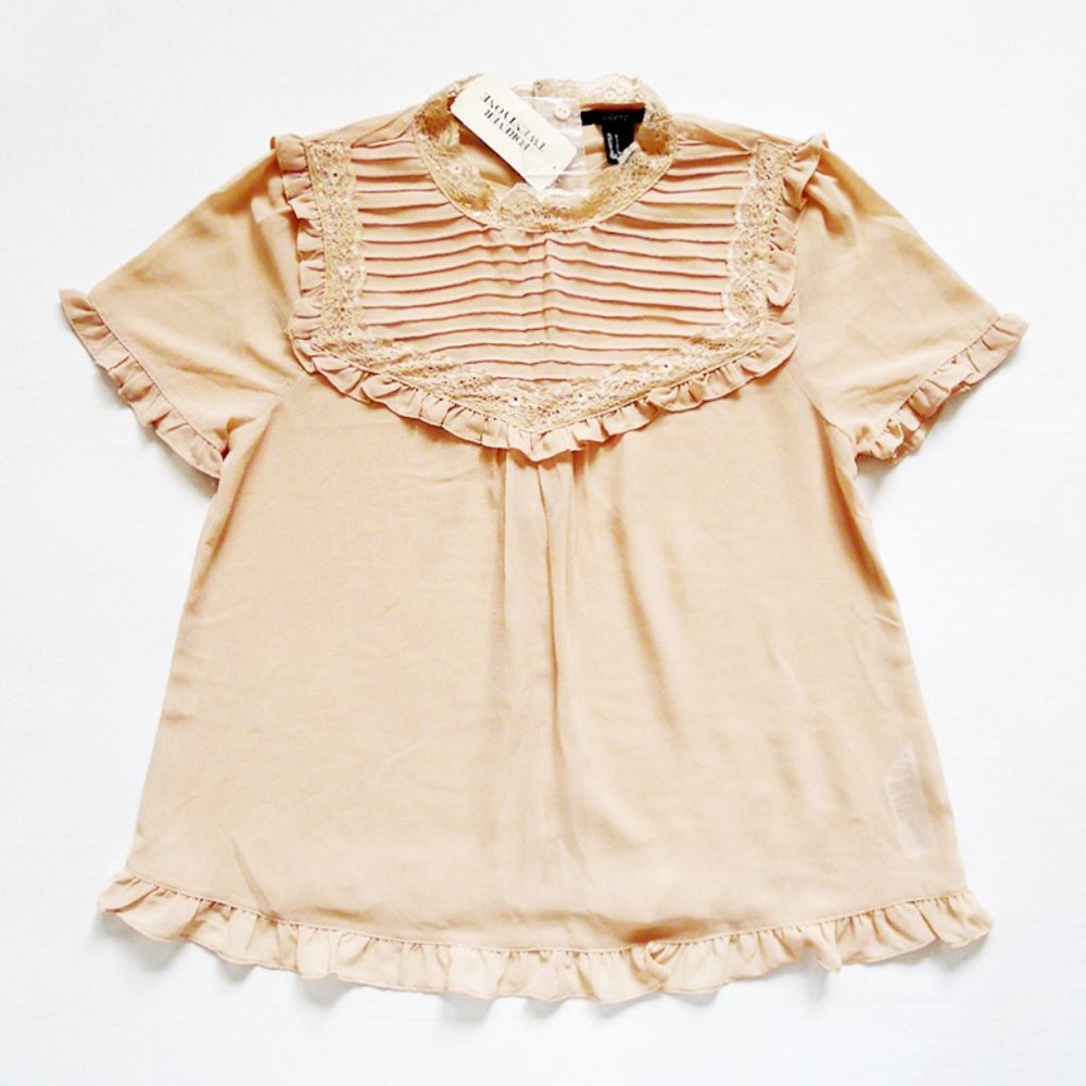 Semi-Sheer Lace Trim Button Back Blouse/Shirt/Top